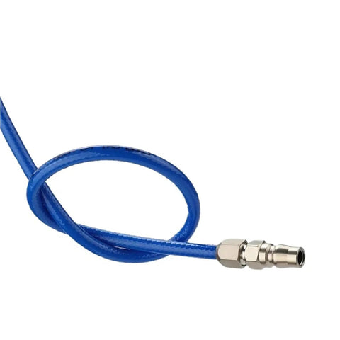 Pro Grade PU Pneumatic Hose Featuring Heavy Duty Fiber Reinforced Line Built For High Pressure Air Compressor Workflows Runs Thirty Meters Of Bulletproof Tubing Sized At PU Ten By Point Six Five Solid Stuff For Shop Rigs And Tradesmen Builds, showing a blue fiber-reinforced air hose end fitting.