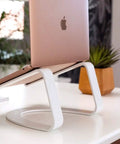 Laptop on white stand on desk with plant in background