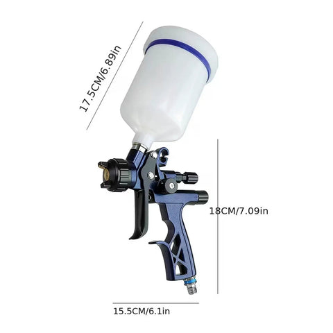 High Performance HVLP Paint Sprayer With 1.7mm Nozzle And 600ml Reusable Cup, side view with measurements, for automotive and furniture coating.