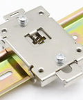 Rail Mount Bracket For 35mm Relay System Rack Mount Adapter For Industrial Control And Solid State Relay Gear Easy Install And Durable Metal Frame For Tough Industrial Use, showing front view with metal frame and mounting slots.