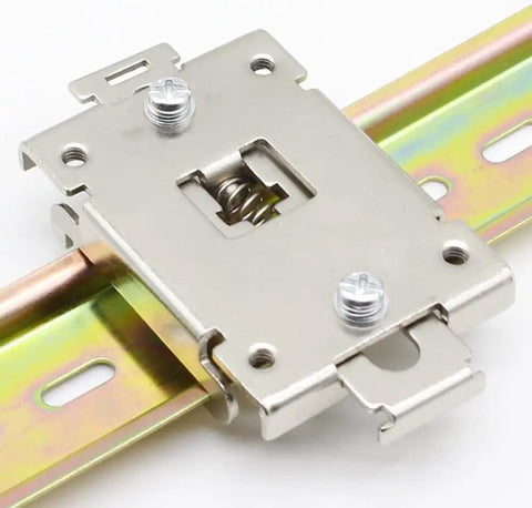 Rail Mount Bracket For 35mm Relay System Rack Mount Adapter For Industrial Control And Solid State Relay Gear Easy Install And Durable Metal Frame For Tough Industrial Use, showing front view with metal frame and mounting slots.