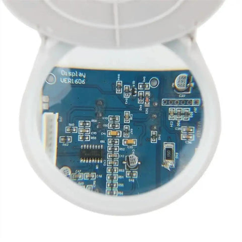 Pro Grade Desk Top Magnifier Kit With 38 LED Ring Light 10X 5X 15X 20X Lenses showing PCB close-up