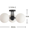 Soft Black Three Light Semi Flush Mount Ceiling Light With Frosted Glass Shade Vintage Close To Ceiling Modern Flush Mount shown with measurements