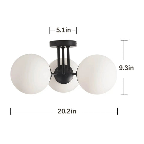 Soft Black Three Light Semi Flush Mount Ceiling Light With Frosted Glass Shade Vintage Close To Ceiling Modern Flush Mount shown with measurements
