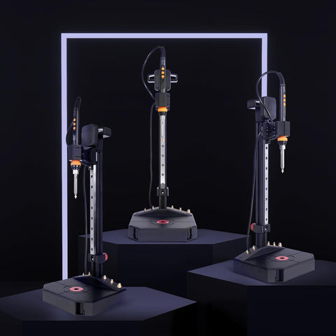 Three Vertical Heat Set Insert Press Tools With 90W Soldering Iron For 3D Printing, showing Pro Grade 210mm Linear Rail Slider and inserts.