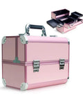 Durable Portable Aluminum Tool Box With Four Foldable Trays And Two Locking Clasps Heavy Duty Tool Chest Organizer, shown in pink color.