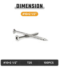 Coast Ready Marine Grade 304 Stainless Steel Deck Screws For Outdoor Wood Projects With Two And One Half Inch Length Flat Head Type 17 Auger Tip T25 Star Drive Includes Free T25 Bit Size Ten 100 Pieces, side view showing dimensions of 2.5 inches and T25 star drive.