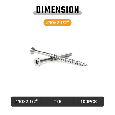 Coast Ready Marine Grade 304 Stainless Steel Deck Screws For Outdoor Wood Projects With Two And One Half Inch Length Flat Head Type 17 Auger Tip T25 Star Drive Includes Free T25 Bit Size Ten 100 Pieces, side view showing dimensions of 2.5 inches and T25 star drive.