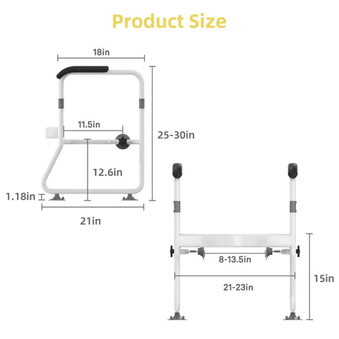 Size dimensions of the Ultimate Toilet Safety Rail With Padded Arms, Adjustable Height Bathroom Frame, Fits Most Toilets.
