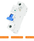 1 Pole Miniature Circuit Breaker 20A DC 250V DIN Rail Mount Disconnect Switch With Thermal Magnetic Trip, side view with blue handle.