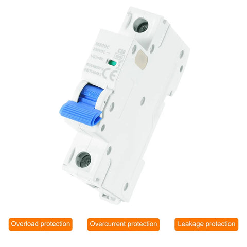 1 Pole Miniature Circuit Breaker 20A DC 250V DIN Rail Mount Disconnect Switch With Thermal Magnetic Trip, side view with blue handle.