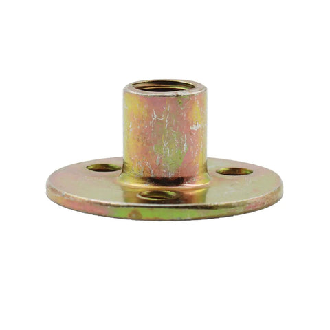 Bulletproof Screw In Tee Nuts M10 Three Eighth Inch Zinc Plated Carbon Steel Flange Insert with threaded center for secure assembly.
