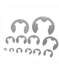Beefy 304 Stainless Steel E Clip Circlips Kit for Shafts and Bearings, M1.5 to M10 sizes, arranged in various sizes on a white background