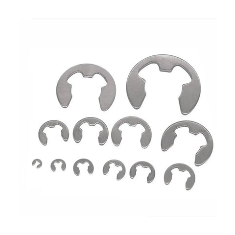 Beefy 304 Stainless Steel E Clip Circlips Kit for Shafts and Bearings, M1.5 to M10 sizes, arranged in various sizes on a white background