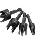 Top Shelf 8 Piece Carbon Steel Wood Plug Cutter Drill Bit Set With Tapered And Straight Heads Quick Swap 1/4 Inch Hex Shank showing four black drill bits.