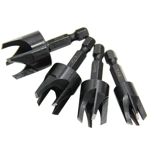 Top Shelf 8 Piece Carbon Steel Wood Plug Cutter Drill Bit Set With Tapered And Straight Heads Quick Swap 1/4 Inch Hex Shank showing four black drill bits.