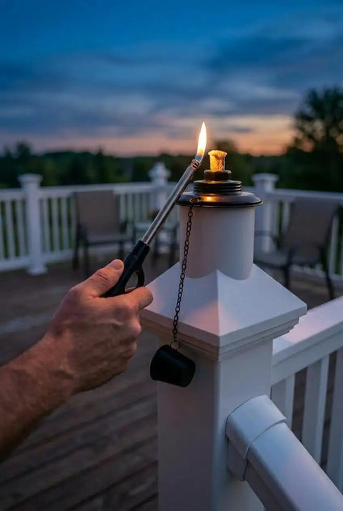 Built In Torch Holder For Tiki Torches On Your Deck Tool Free Click On Installation Wind Resistant Secure Fit Lets You Run Ambient Or Citronella Lighting Without Screws Or Drilling Easy Post Mount For Standard Deck Posts
