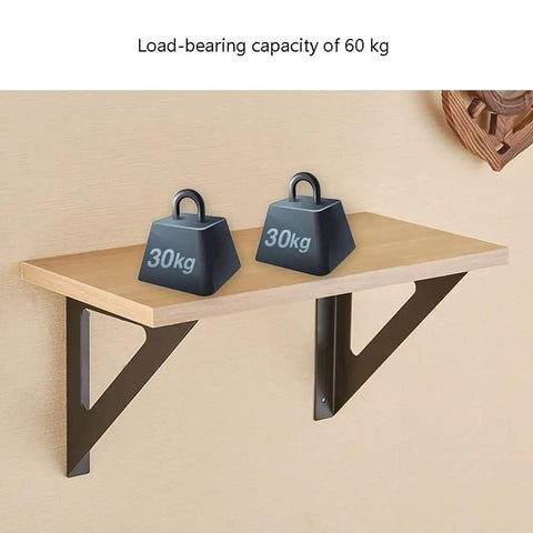 Super Heavy Duty Wrought Iron Shelf Brackets Corner Wall Mounts with a wooden shelf holding two 30kg weights.