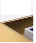 Close-up view of Solid As A Rock L Shaped Desk With Blue And Gold Finishes showing gold finish and sleek edges.