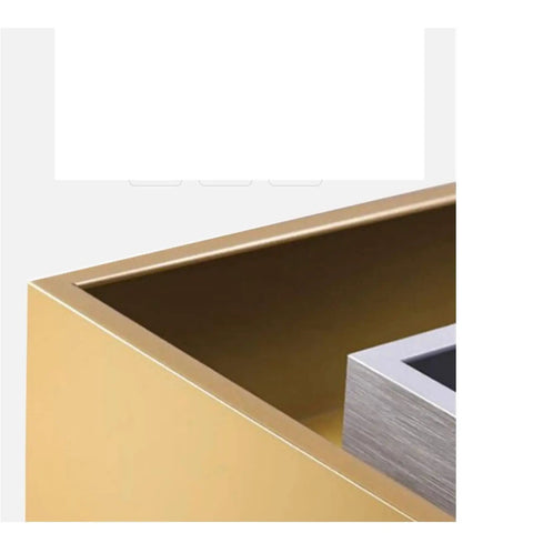Close-up view of Solid As A Rock L Shaped Desk With Blue And Gold Finishes showing gold finish and sleek edges.