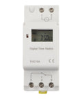 Programmable Timer Switch With Weekly Cycle For Automatic On Off Of Lights And Appliances No Fuss Setup 16 Daily On Off Periods Capacitive Touch Buttons Reliable Circuit Protection Easy Home Automation white DIN rail digital time switch THC15A front view