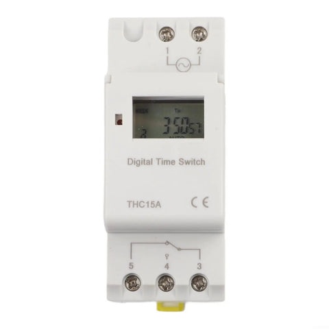 Programmable Timer Switch With Weekly Cycle For Automatic On Off Of Lights And Appliances No Fuss Setup 16 Daily On Off Periods Capacitive Touch Buttons Reliable Circuit Protection Easy Home Automation white DIN rail digital time switch THC15A front view