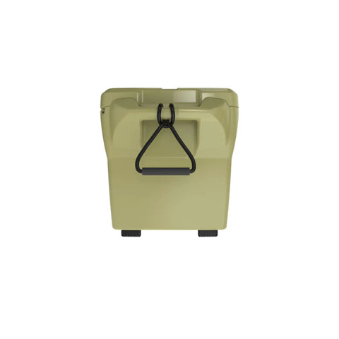 Back view of 111-Quart Desert Tan Tough Cooler With Heavy Duty Wheel Kit Rotomolded Ice Chest For Hunting Fishing And Camping With Elite Thermal Retention Made In USA.