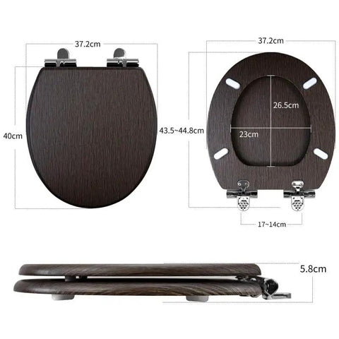 Premium White Wooden Toilet Seat Cover With Smooth Ride Soft Close Hinge And Polished PVC Veneer Shell dimensions and design details