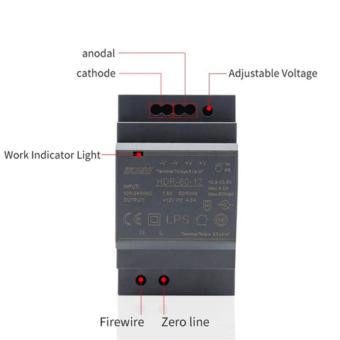 Front view of Ultra Slim 60W DIN Rail Power Supply 100-240V AC In, Pro Grade 5V 12V 24V 48V Outputs, Industrial Control Panel Adapter