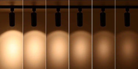 Six Pack 16.5W Dimmable LED Track Lighting Heads, 1200lm Each, 24 Degree Beam demonstrating light patterns, black finish.