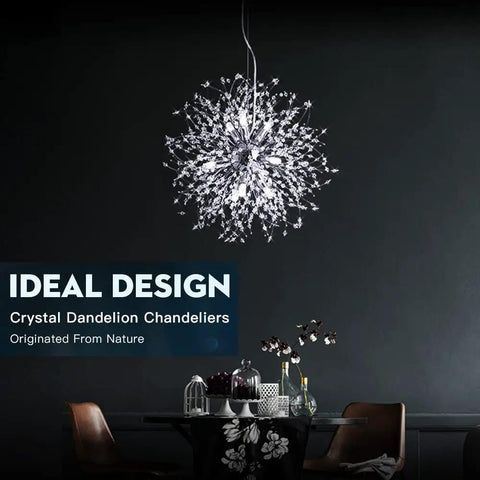 Eight Light Crystal Dandelion Chandelier Pendant Lights in Chrome Finish with Firework Design for Dining Room and Living Room