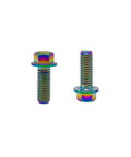Front and side views of rainbow titanium flanged hex bolts, M6 x 16 mm, aerospace-grade Ti.