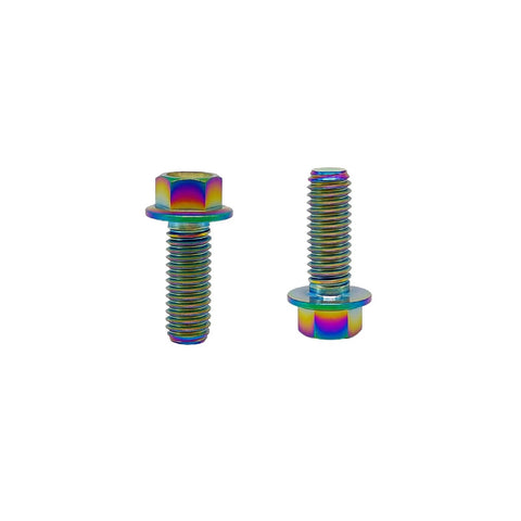 Front and side views of rainbow titanium flanged hex bolts, M6 x 16 mm, aerospace-grade Ti.