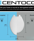 Comparison of elongated and round toilet seats with measurements, illustrating fit for Round Toilet Seat With Heavy-Duty Wood Core And Scratch-Resistant Plastic Finish, Six-Pack, Residential Use, White, Made in the USA, Durable Comfort And Secure Hinges For Quiet Install And Long-Lasting Performance. Focus on dimensions.