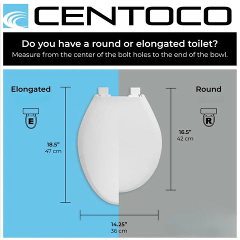 Comparison of elongated and round toilet seats with measurements, illustrating fit for Round Toilet Seat With Heavy-Duty Wood Core And Scratch-Resistant Plastic Finish, Six-Pack, Residential Use, White, Made in the USA, Durable Comfort And Secure Hinges For Quiet Install And Long-Lasting Performance. Focus on dimensions.