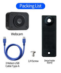 Packing list showing 4K USB Webcam With Microphone And Detachable Stand, USB cable, screw, and stand.