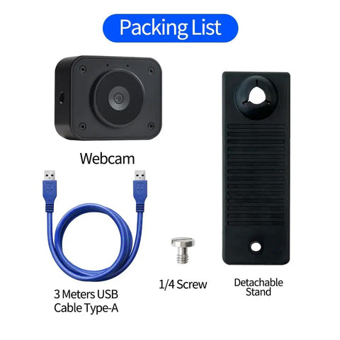 Packing list showing 4K USB Webcam With Microphone And Detachable Stand, USB cable, screw, and stand.