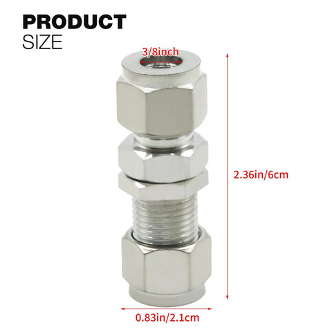 Front view of two 3/8-inch OD stainless steel straight compression tube adapters (bulkhead unions).