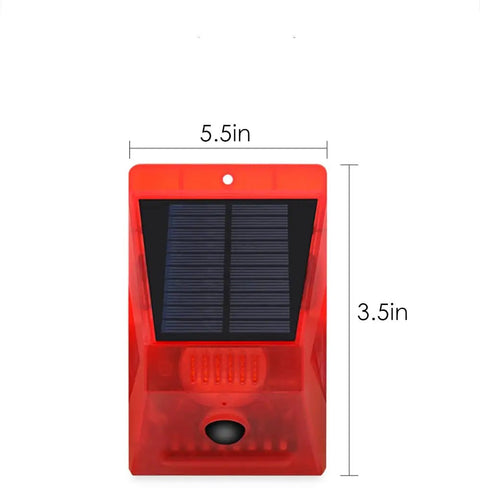 Solar Outdoor Motion Alarm With 129dB Siren, 4 Mode Strobe Light, Remote Control, red casing with dimensions 5.5x3.5 inches