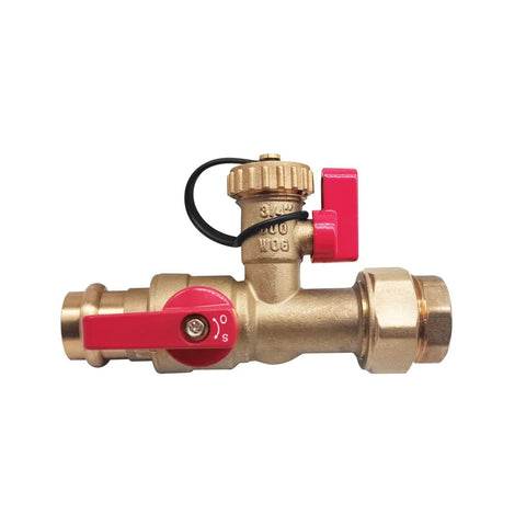 Brass 3/4-in tankless water heater isolation valve with red lever handles and threaded outlet