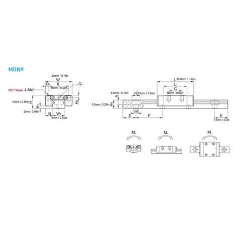 Technical dimensions of Beefy 500mm Linear Motion Guide Rail With Slide Block Assembly for CNC Machines and 3D Printers