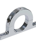 Angled view of aluminum steering column clamp with base mounting flange, 2-inch hole, polished silver finish