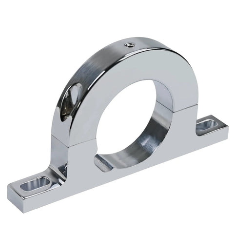 Angled view of aluminum steering column clamp with base mounting flange, 2-inch hole, polished silver finish