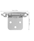 Set Of Four Spring Loaded Cabinet Hinges Self Closing Heavy Duty Iron Hardware For Kitchen Cabinets And Furniture Fade Resistant Multi Fold Doors Smooth Door Movement Easy Install shown with measurements, silver hinge close-up.