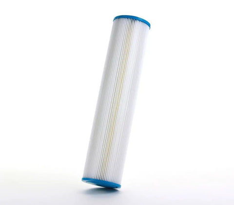 Pleated Whole House Water Filter 4.5 Inch by 20 Inch, 20 Micron, reusable sediment filter, white with blue ends, polypropylene media