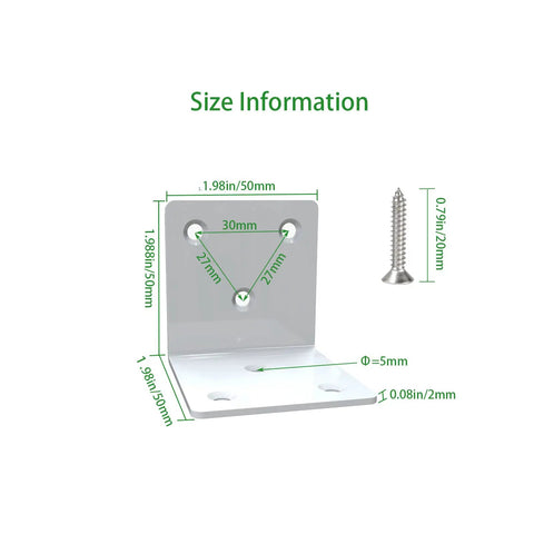White Stainless Steel Corner Bracket Right Angle Shelf Support 2x2x2 inches with size dimensions and screw included, 10 Piece Set