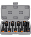 Top Notch Heavy Duty Hex Socket Adapter Kit Made From Tough Chrome Vanadium Steel For 1/2 Inch Drivers With H4 To H17 Bits In Short 55mm Lengths, Perfect For Factory Work And Auto Repairs That Need Real Grit And Precision. 9-piece case view