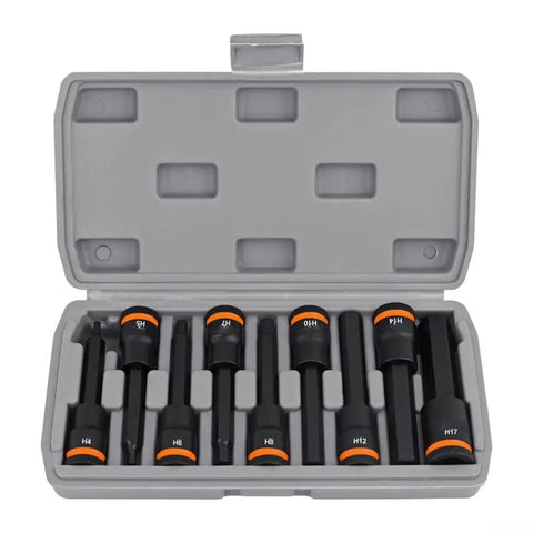 Top Notch Heavy Duty Hex Socket Adapter Kit Made From Tough Chrome Vanadium Steel For 1/2 Inch Drivers With H4 To H17 Bits In Short 55mm Lengths, Perfect For Factory Work And Auto Repairs That Need Real Grit And Precision. 9-piece case view