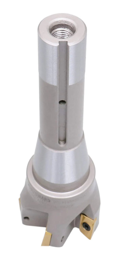 Accusize 2in dia indexable carbide end mill with 6-1/8in OAL, 90° R8 shank, 5 APKT1604 inserts