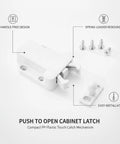 Push To Open Cabinet Touch Latch Spring Rebounder For No Touch Handleless Kitchen And Wardrobe Doors White PP Plastic Compact Size